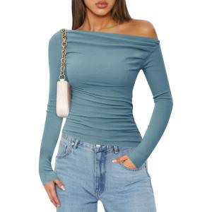 imageZESICA Womens Off Shoulder Long Sleeve Tops 2025 Fall Casual Boat Neck Ruched Slim Fit Going Out Y2k Shirts BlousesBlue