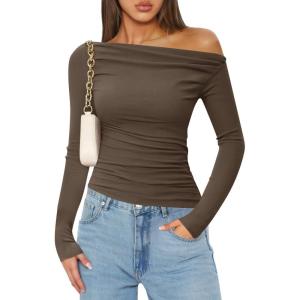 imageZESICA Womens Off Shoulder Long Sleeve Tops 2025 Fall Casual Boat Neck Ruched Slim Fit Going Out Y2k Shirts BlousesCoffee