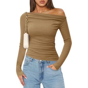 imageZESICA Womens Off Shoulder Long Sleeve Tops 2025 Fall Casual Boat Neck Ruched Slim Fit Going Out Y2k Shirts BlousesKhaki