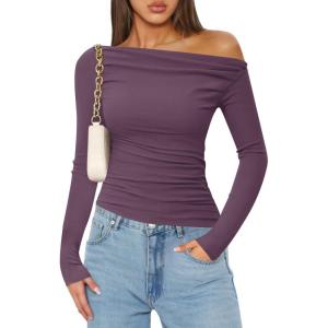 imageZESICA Womens Off Shoulder Long Sleeve Tops 2025 Fall Casual Boat Neck Ruched Slim Fit Going Out Y2k Shirts BlousesPurple