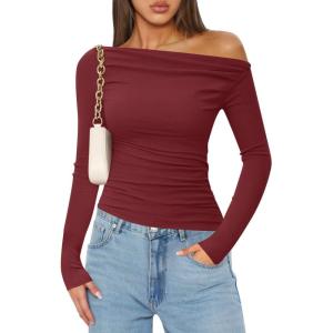 imageZESICA Womens Off Shoulder Long Sleeve Tops 2025 Fall Casual Boat Neck Ruched Slim Fit Going Out Y2k Shirts BlousesRed