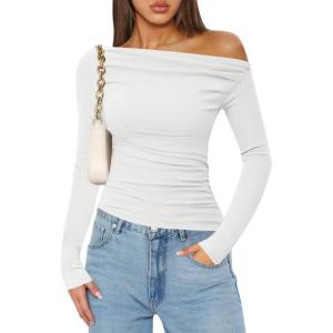 imageZESICA Womens Off Shoulder Long Sleeve Tops 2025 Fall Casual Boat Neck Ruched Slim Fit Going Out Y2k Shirts BlousesWhite