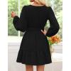imageZESICA Long Sleeve V Neck Mini Dresses for Women 2025 Fall High Waist Ruffle Pleated A Line Cocktail Party Short DressBlack