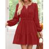 imageZESICA Long Sleeve V Neck Mini Dresses for Women 2025 Fall High Waist Ruffle Pleated A Line Cocktail Party Short DressRed