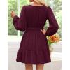 imageZESICA Long Sleeve V Neck Mini Dresses for Women 2025 Fall High Waist Ruffle Pleated A Line Cocktail Party Short DressWine