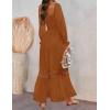 imageZESICA Womens 2025 Boho Long Sleeve Square Neck Smocked High Waist Flowy A Line Lace Trim Maxi DressBrown