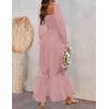 imageZESICA Womens 2025 Boho Long Sleeve Square Neck Smocked High Waist Flowy A Line Lace Trim Maxi DressDark Pink