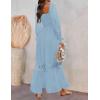 imageZESICA Womens 2025 Boho Long Sleeve Square Neck Smocked High Waist Flowy A Line Lace Trim Maxi DressLight Blue
