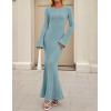 imageZESICA Womens 2025 Fall Bodycon Sweater Dress Long Sleeve Boat Neck Ribbed Knit Wedding Guest Cocktail Maxi DressesLight Blue