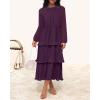 imageZESICA Womens 2025 Fall Long Sleeve Ruffle Tiered Layered Chiffon Flowy Swing Wedding Guest Cocktail Party Midi DressDarkpurple