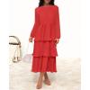 imageZESICA Womens 2025 Fall Long Sleeve Ruffle Tiered Layered Chiffon Flowy Swing Wedding Guest Cocktail Party Midi DressWatermelon