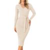 imageZESICA Womens 2025 Fall Sweater Dress V Neck Long Sleeve Ribbed Knit Tie Waist Bodycon Slim Fit Midi DressesApricot
