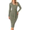 imageZESICA Womens 2025 Fall Sweater Dress V Neck Long Sleeve Ribbed Knit Tie Waist Bodycon Slim Fit Midi DressesArmygreen