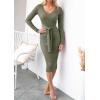 imageZESICA Womens 2025 Fall Sweater Dress V Neck Long Sleeve Ribbed Knit Tie Waist Bodycon Slim Fit Midi DressesArmygreen