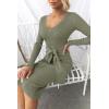 imageZESICA Womens 2025 Fall Sweater Dress V Neck Long Sleeve Ribbed Knit Tie Waist Bodycon Slim Fit Midi DressesArmygreen