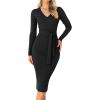 imageZESICA Womens 2025 Fall Sweater Dress V Neck Long Sleeve Ribbed Knit Tie Waist Bodycon Slim Fit Midi DressesBlack