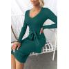 imageZESICA Womens 2025 Fall Sweater Dress V Neck Long Sleeve Ribbed Knit Tie Waist Bodycon Slim Fit Midi DressesDarkgreen