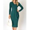 imageZESICA Womens 2025 Fall Sweater Dress V Neck Long Sleeve Ribbed Knit Tie Waist Bodycon Slim Fit Midi DressesDarkgreen
