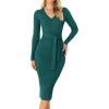 imageZESICA Womens 2025 Fall Sweater Dress V Neck Long Sleeve Ribbed Knit Tie Waist Bodycon Slim Fit Midi DressesDarkgreen