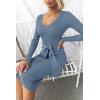 imageZESICA Womens 2025 Fall Sweater Dress V Neck Long Sleeve Ribbed Knit Tie Waist Bodycon Slim Fit Midi DressesDustyblue