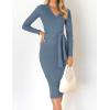 imageZESICA Womens 2025 Fall Sweater Dress V Neck Long Sleeve Ribbed Knit Tie Waist Bodycon Slim Fit Midi DressesDustyblue
