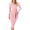 imageZESICA Womens 2025 Fall Sweater Dress V Neck Long Sleeve Ribbed Knit Tie Waist Bodycon Slim Fit Midi DressesPink