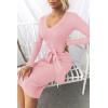 imageZESICA Womens 2025 Fall Sweater Dress V Neck Long Sleeve Ribbed Knit Tie Waist Bodycon Slim Fit Midi DressesPink