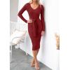 imageZESICA Womens 2025 Fall Sweater Dress V Neck Long Sleeve Ribbed Knit Tie Waist Bodycon Slim Fit Midi DressesRed