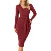 imageZESICA Womens 2025 Fall Sweater Dress V Neck Long Sleeve Ribbed Knit Tie Waist Bodycon Slim Fit Midi DressesRed