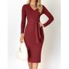 imageZESICA Womens 2025 Fall Sweater Dress V Neck Long Sleeve Ribbed Knit Tie Waist Bodycon Slim Fit Midi DressesRed