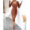 imageZESICA Womens 2025 Fall Sweater Dress V Neck Long Sleeve Ribbed Knit Tie Waist Bodycon Slim Fit Midi DressesRedbrown