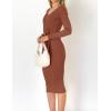imageZESICA Womens 2025 Fall Sweater Dress V Neck Long Sleeve Ribbed Knit Tie Waist Bodycon Slim Fit Midi DressesRedbrown