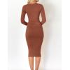 imageZESICA Womens 2025 Fall Sweater Dress V Neck Long Sleeve Ribbed Knit Tie Waist Bodycon Slim Fit Midi DressesRedbrown