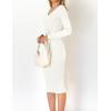 imageZESICA Womens 2025 Fall Sweater Dress V Neck Long Sleeve Ribbed Knit Tie Waist Bodycon Slim Fit Midi DressesWhite