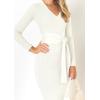 imageZESICA Womens 2025 Fall Sweater Dress V Neck Long Sleeve Ribbed Knit Tie Waist Bodycon Slim Fit Midi DressesWhite