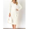 imageZESICA Womens 2025 Fall Sweater Dress V Neck Long Sleeve Ribbed Knit Tie Waist Bodycon Slim Fit Midi DressesWhite
