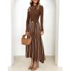 imageZESICA Womens 2025 Fall Turtleneck Long Sleeve Sweater Dress Tie Waist Casual Loose Ribbed Knit A Line Midi DressesBrown