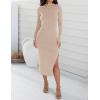 imageZESICA Womens 2025 Ribbed Knit Dress Long Sleeve Mock Neck Slim Fit Side Slit Fall Elegant Sweater DressesApricot
