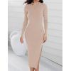 imageZESICA Womens 2025 Ribbed Knit Dress Long Sleeve Mock Neck Slim Fit Side Slit Fall Elegant Sweater DressesApricot