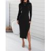 imageZESICA Womens 2025 Ribbed Knit Dress Long Sleeve Mock Neck Slim Fit Side Slit Fall Elegant Sweater DressesBlack