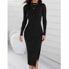 imageZESICA Womens 2025 Ribbed Knit Dress Long Sleeve Mock Neck Slim Fit Side Slit Fall Elegant Sweater DressesBlack