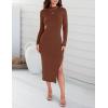 imageZESICA Womens 2025 Ribbed Knit Dress Long Sleeve Mock Neck Slim Fit Side Slit Fall Elegant Sweater DressesCoffee