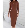 imageZESICA Womens 2025 Ribbed Knit Dress Long Sleeve Mock Neck Slim Fit Side Slit Fall Elegant Sweater DressesCoffee