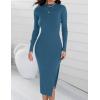 imageZESICA Womens 2025 Ribbed Knit Dress Long Sleeve Mock Neck Slim Fit Side Slit Fall Elegant Sweater DressesDarkblue