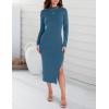 imageZESICA Womens 2025 Ribbed Knit Dress Long Sleeve Mock Neck Slim Fit Side Slit Fall Elegant Sweater DressesDarkblue