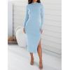 imageZESICA Womens 2025 Ribbed Knit Dress Long Sleeve Mock Neck Slim Fit Side Slit Fall Elegant Sweater DressesLightblue