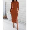 imageZESICA Womens 2025 Ribbed Knit Dress Long Sleeve Mock Neck Slim Fit Side Slit Fall Elegant Sweater DressesRust