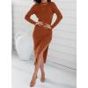 imageZESICA Womens 2025 Ribbed Knit Dress Long Sleeve Mock Neck Slim Fit Side Slit Fall Elegant Sweater DressesRust
