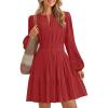 imageZESICA Long Sleeve V Neck Mini Dresses for Women 2025 Fall High Waist Ruffle Pleated A Line Cocktail Party Short DressRed