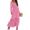 imageZESICA Womens 2025 Boho Long Sleeve Square Neck Smocked High Waist Flowy A Line Lace Trim Maxi DressHot Pink